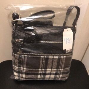 Time and Tru Black & Brown Crossbody Bag with Adjustable Strap and Plaid Design